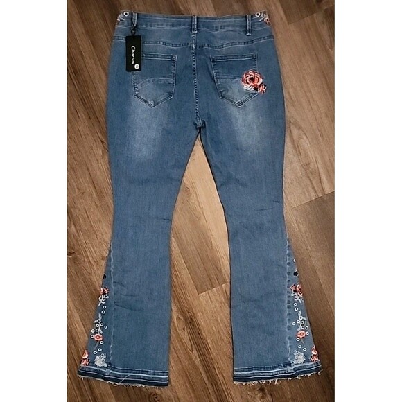 Charton Collection Jeans Womens Flare XL Med Wash Embroidered Flowers Wide-Leg - Picture 2 of 13